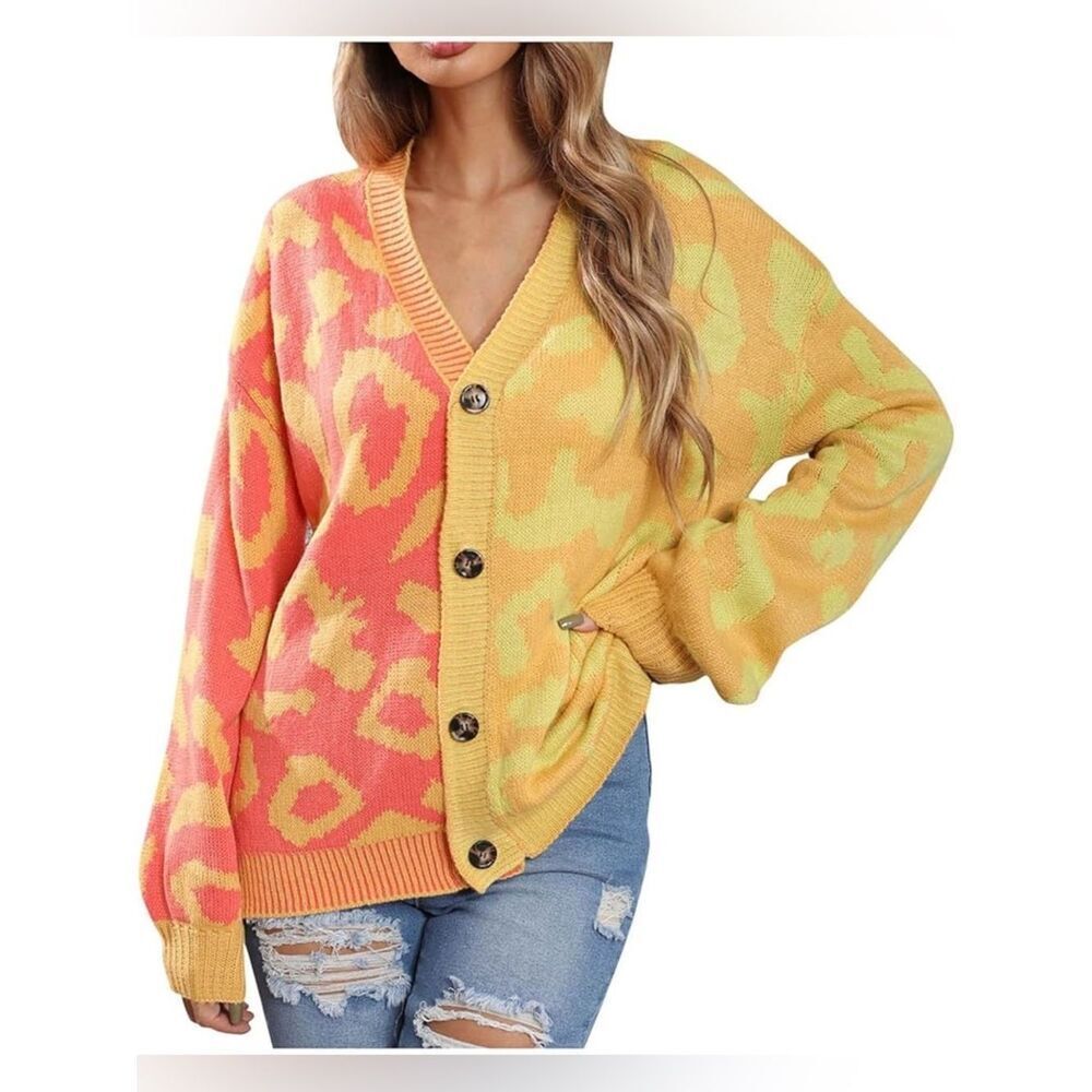 Libby Loves Leopard Button Front Ribbed Trim Cardigan One Size NWT cheetah